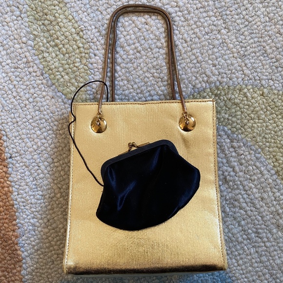 Vintage HL Harry Levine Gold Lamé Evening Handbag & Attached Coin Purse - Picture 1 of 16